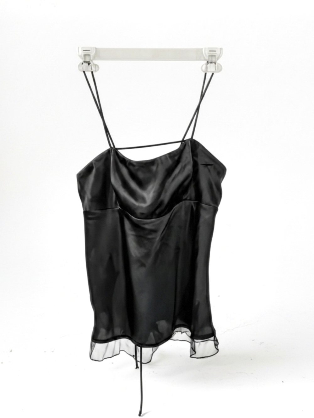 NWT Free People - Black Satin Slip Top with Sheer Trim Tie Back Womens Medium